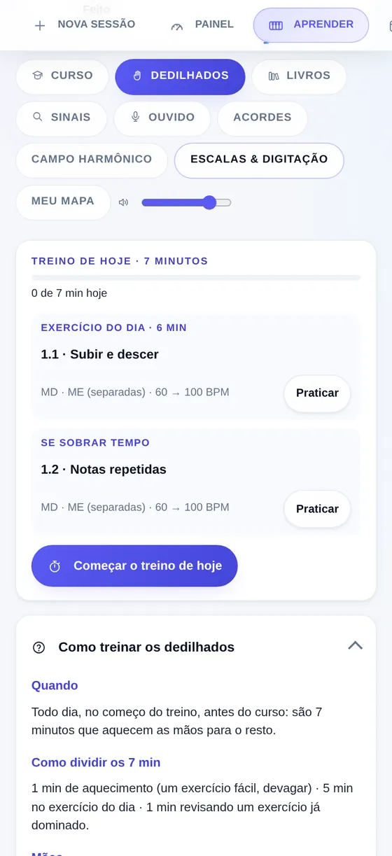 Treino de dedilhados de hoje no celular: 7 minutos, com o exercício do dia, um extra se sobrar tempo e o andamento de 60 a 100 batidas por minuto.