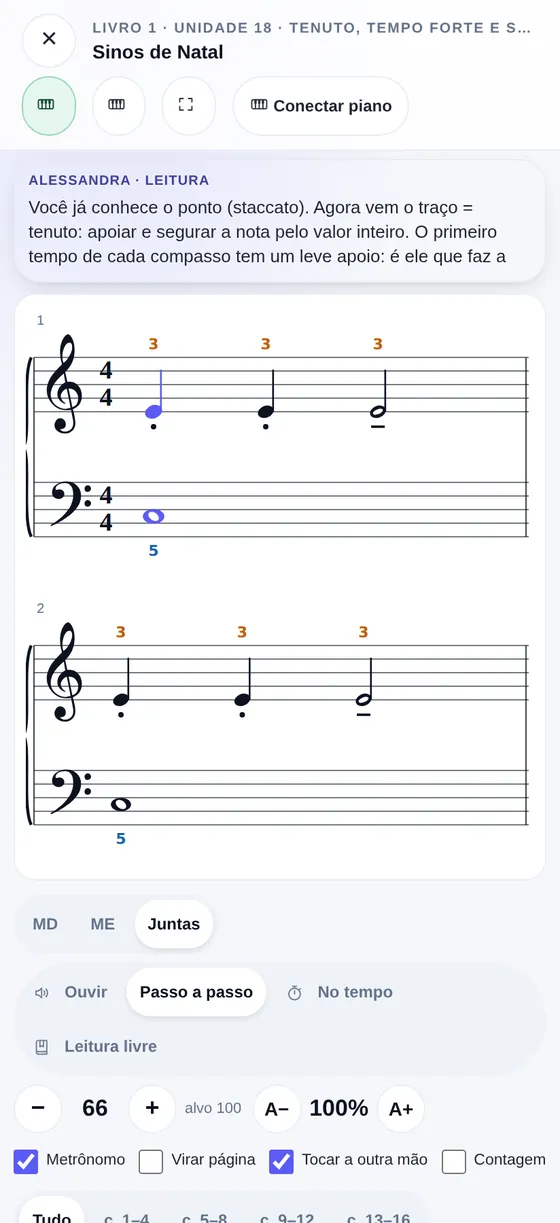 Peça do Livro 1 no celular: dica da Alessandra sobre tenuto, partitura com os dedos de cada mão e os modos Ouvir, Passo a passo, No tempo e Leitura livre.