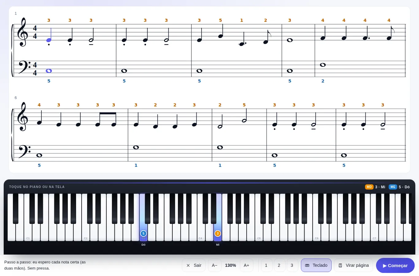 Partitura de “Sinos de Natal” em tela cheia, com o número do dedo em cada nota e um teclado embaixo destacando as próximas notas da mão direita e da mão esquerda.